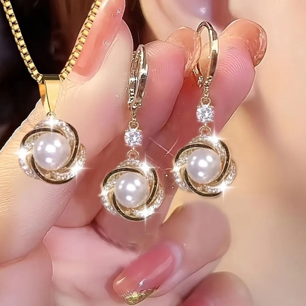 Pearl & Zircon Necklace and Earrings Set – Elegant