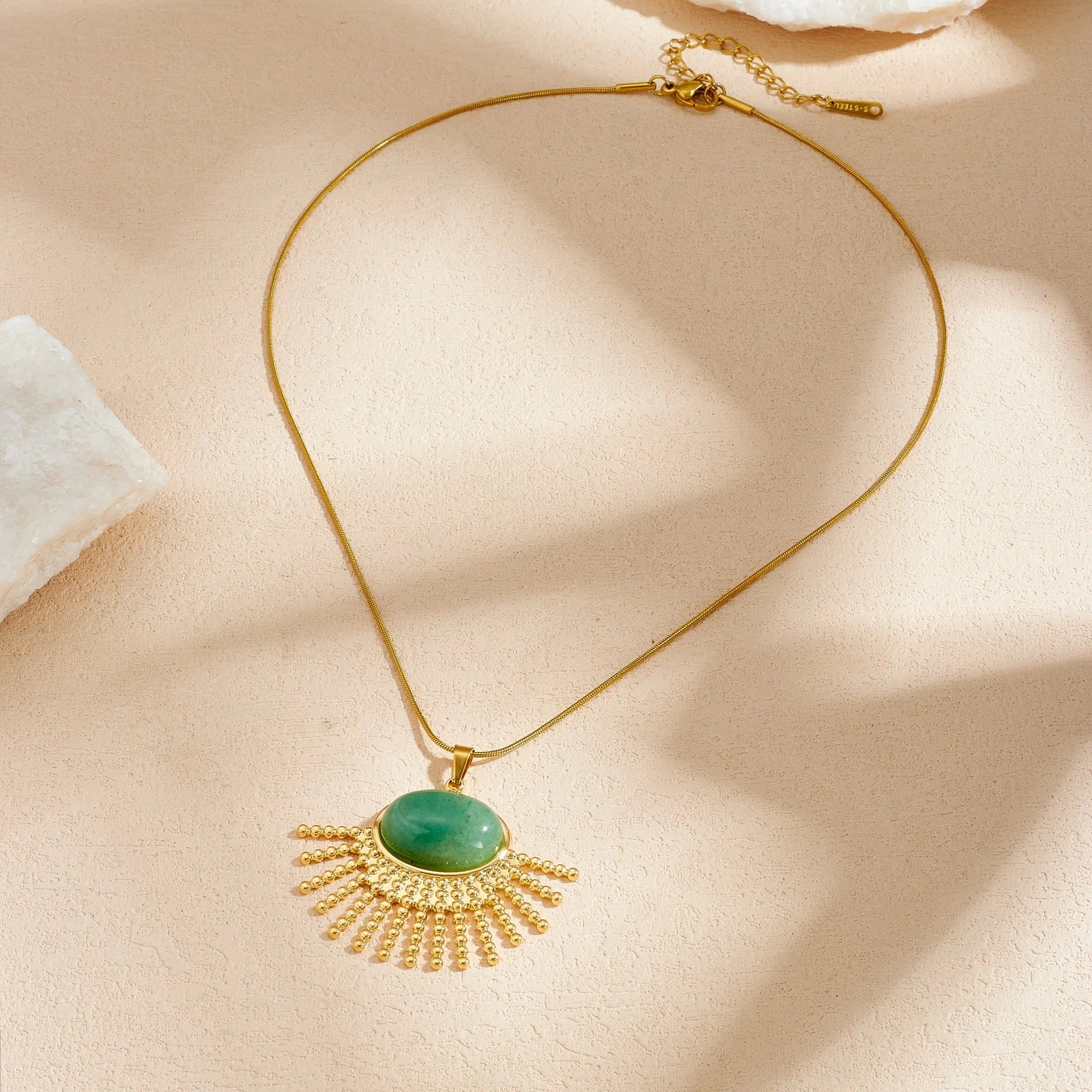 DIEYURO 316L Stainless Steel Green Jade Stone Oval Inlay Sector Sun Pendant Necklace For Women Bohemian Neck Chain Jewelry Gift