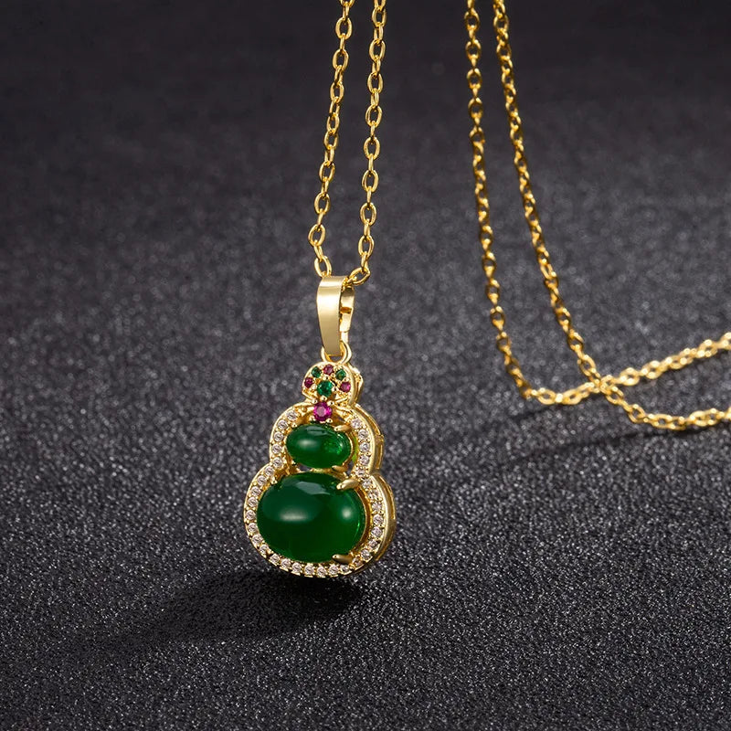 Jade Gourd Pendant Necklace – 18K Gold Plated