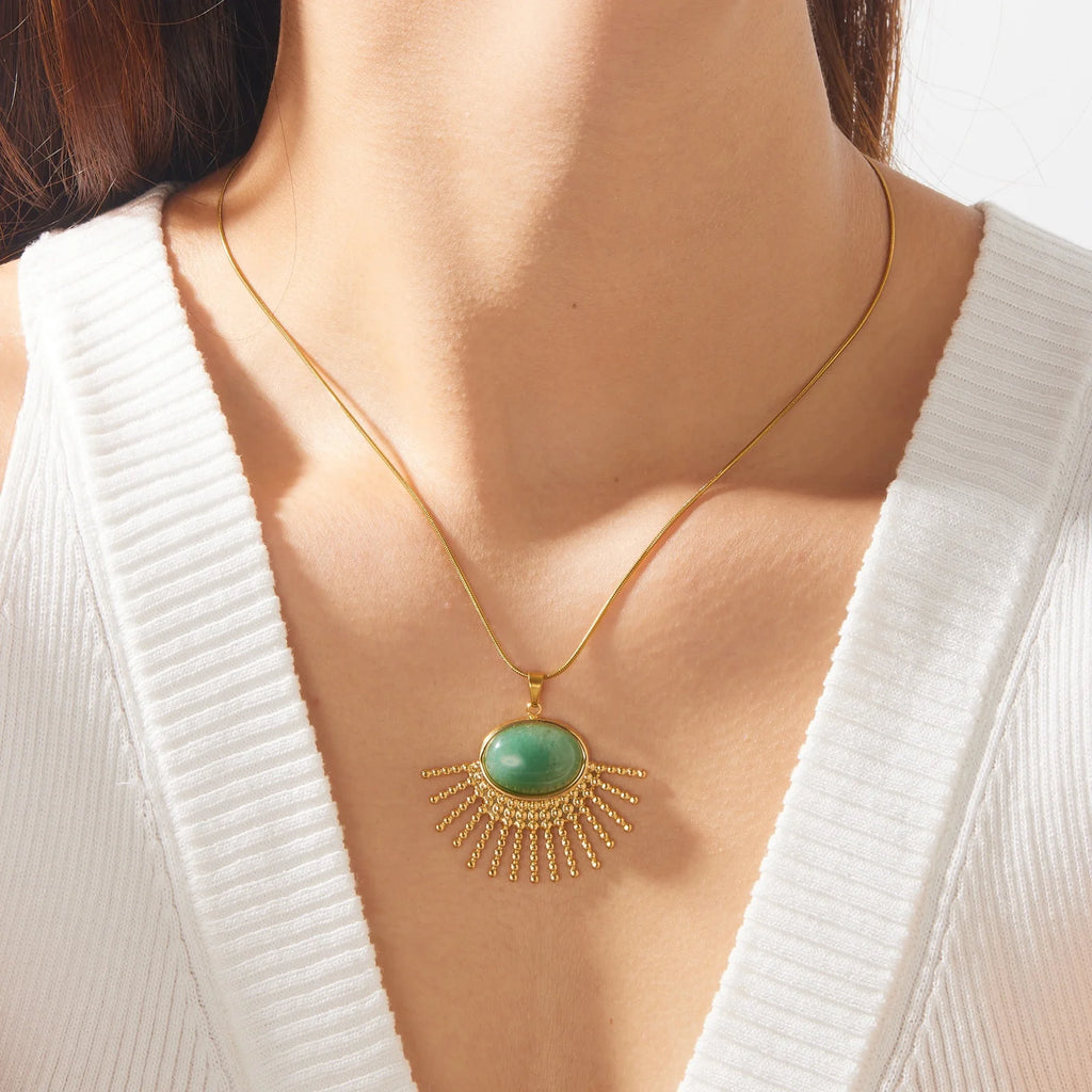 DIEYURO 316L Stainless Steel Green Jade Stone Oval Inlay Sector Sun Pendant Necklace For Women Bohemian Neck Chain Jewelry Gift