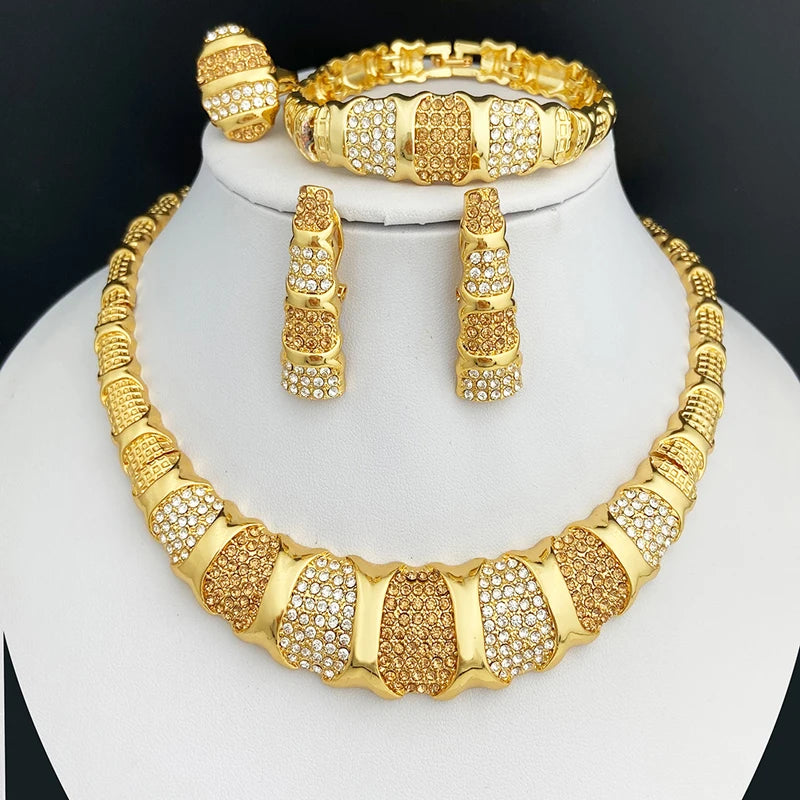 Dubai Jewelry Set For Women 18K Gold Plated Luxury Necklace Earrings Bracelet Ring For Wedding Party Mother's Day Gift On Sale