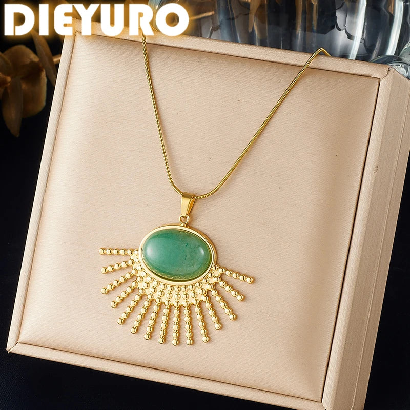 DIEYURO 316L Stainless Steel Green Jade Stone Oval Inlay Sector Sun Pendant Necklace For Women Bohemian Neck Chain Jewelry Gift