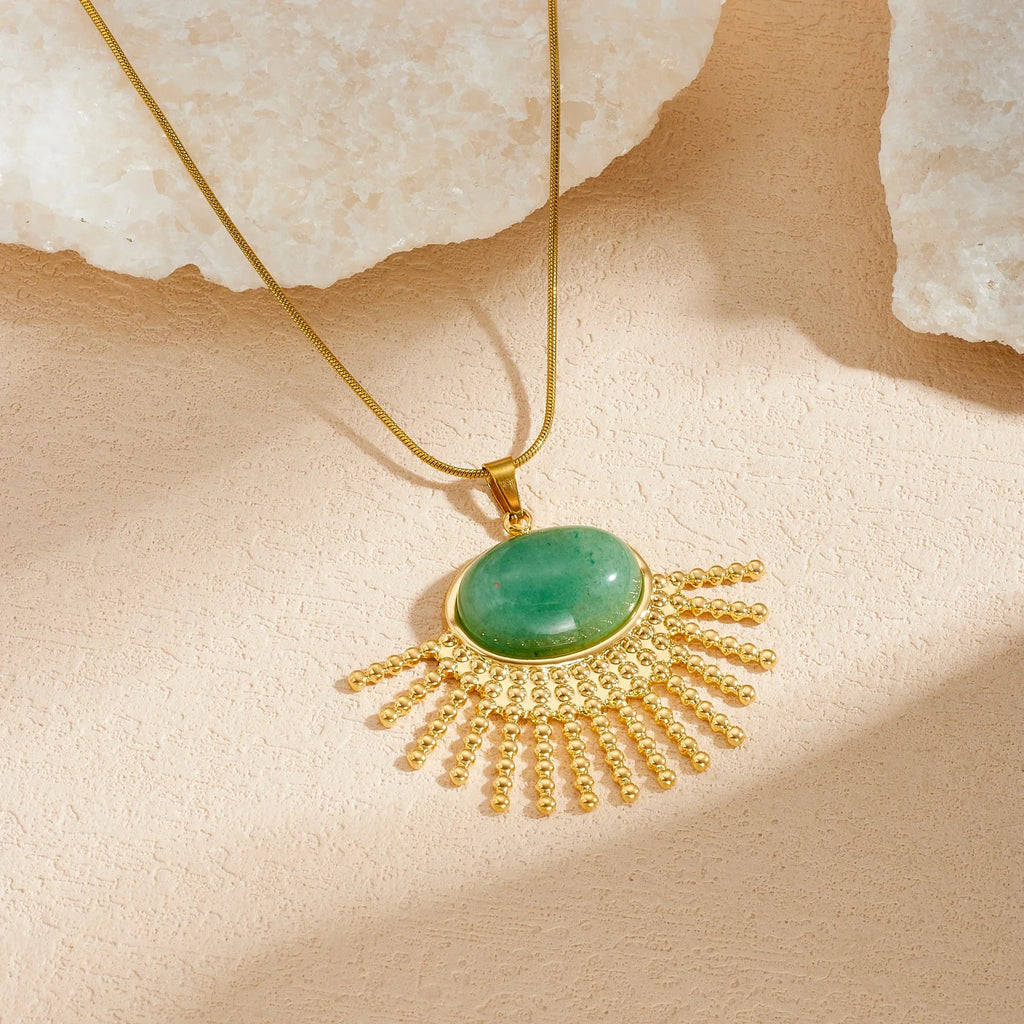 DIEYURO 316L Stainless Steel Green Jade Stone Oval Inlay Sector Sun Pendant Necklace For Women Bohemian Neck Chain Jewelry Gift