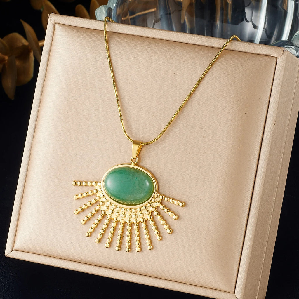 DIEYURO 316L Stainless Steel Green Jade Stone Oval Inlay Sector Sun Pendant Necklace For Women Bohemian Neck Chain Jewelry Gift
