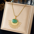 DIEYURO 316L Stainless Steel Green Jade Stone Oval Inlay Sector Sun Pendant Necklace For Women Bohemian Neck Chain Jewelry Gift