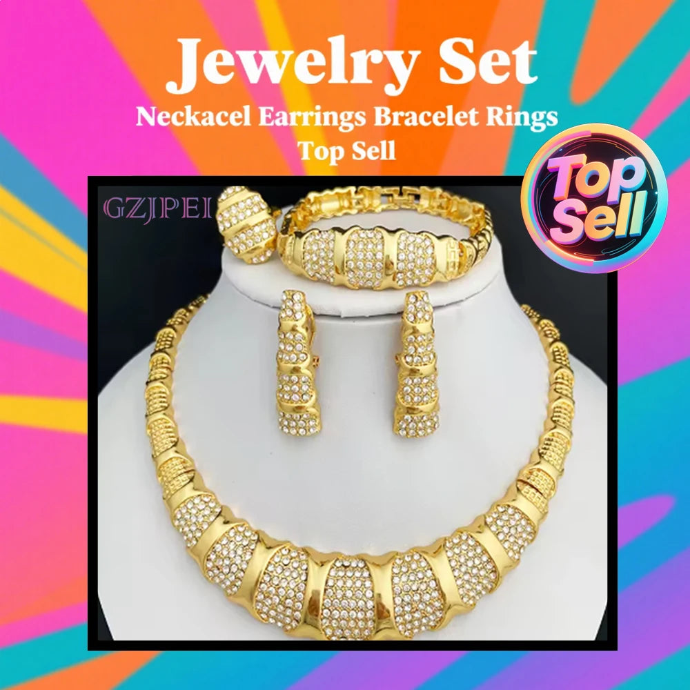 Dubai Jewelry Set For Women 18K Gold Plated Luxury Necklace Earrings Bracelet Ring For Wedding Party Mother's Day Gift On Sale