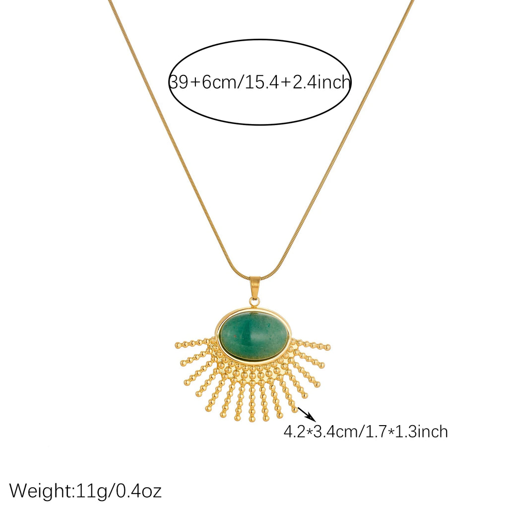 DIEYURO 316L Stainless Steel Green Jade Stone Oval Inlay Sector Sun Pendant Necklace For Women Bohemian Neck Chain Jewelry Gift